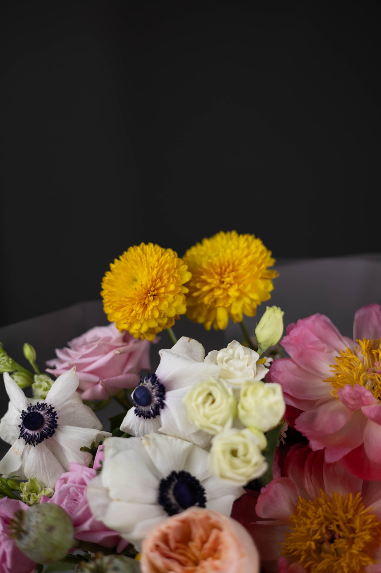 Yellow marigolds standing tall behind a cluster of white and blush flowers