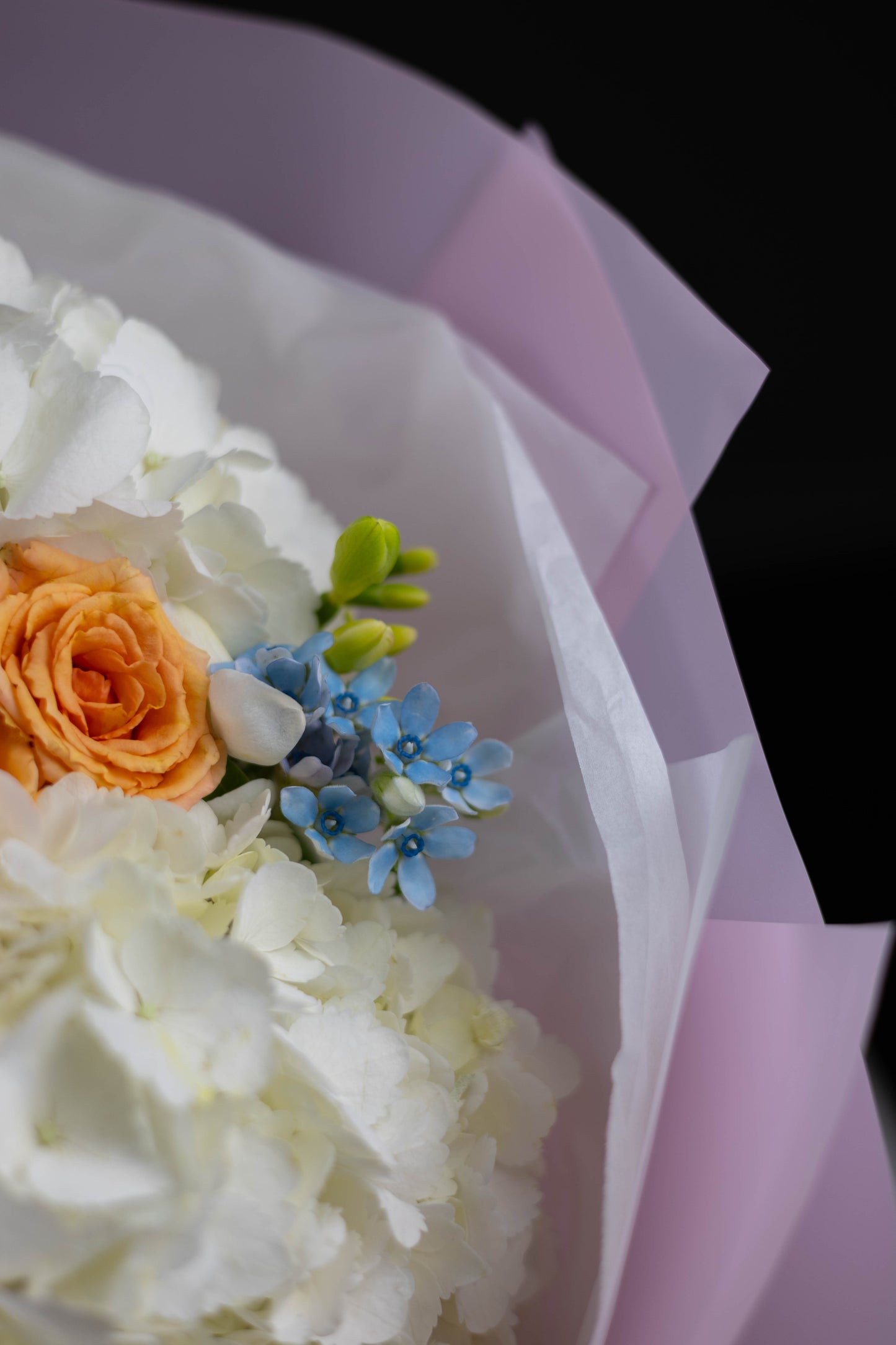 Close-up of a soft floral bouquet with white hydrangeas, a peach rose, small blue flowers, and fresh green buds, wrapped in pastel pink paper.