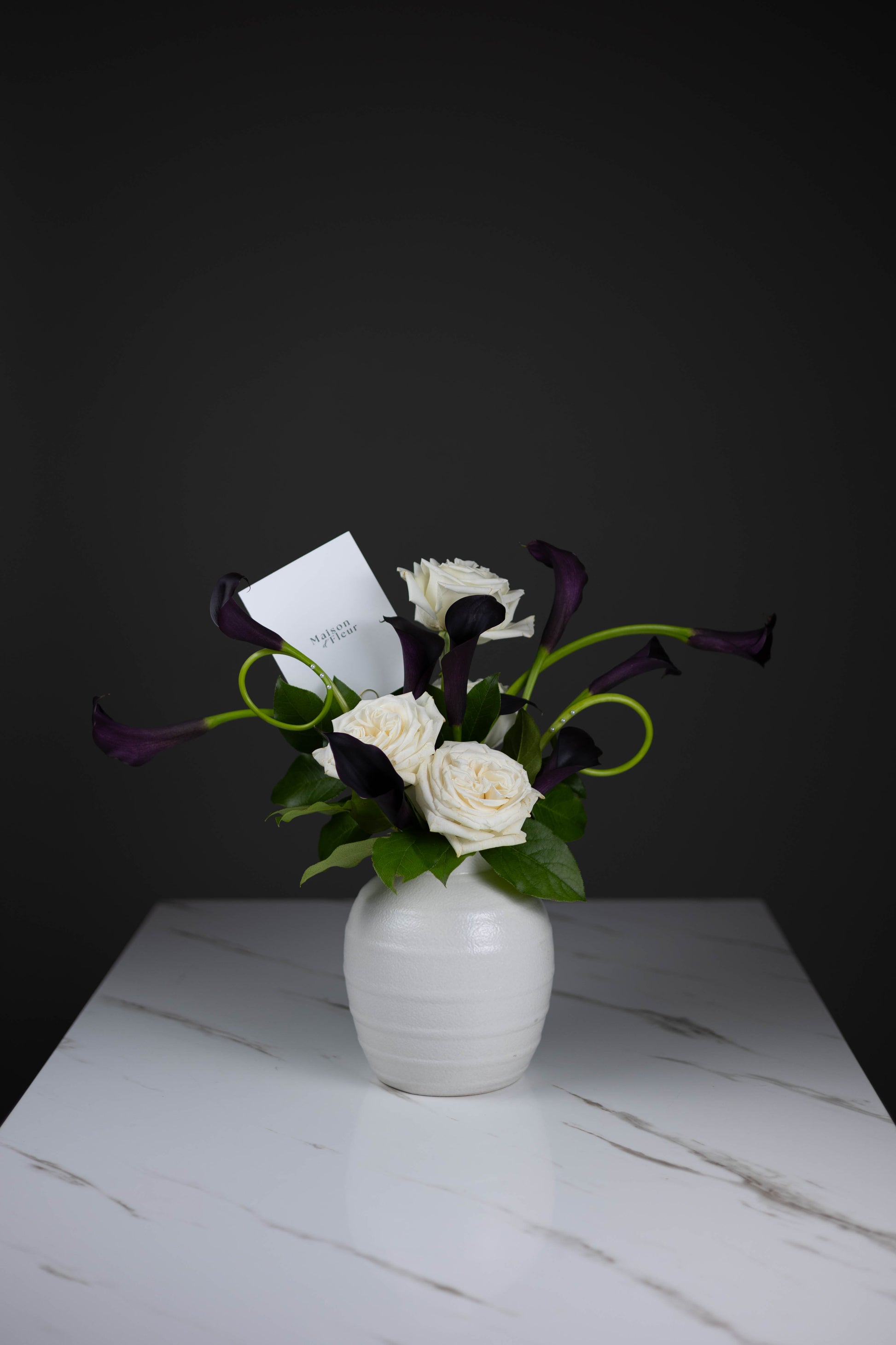 Designer floral piece in white ceramic vase featuring white garden roses and black calla lilies