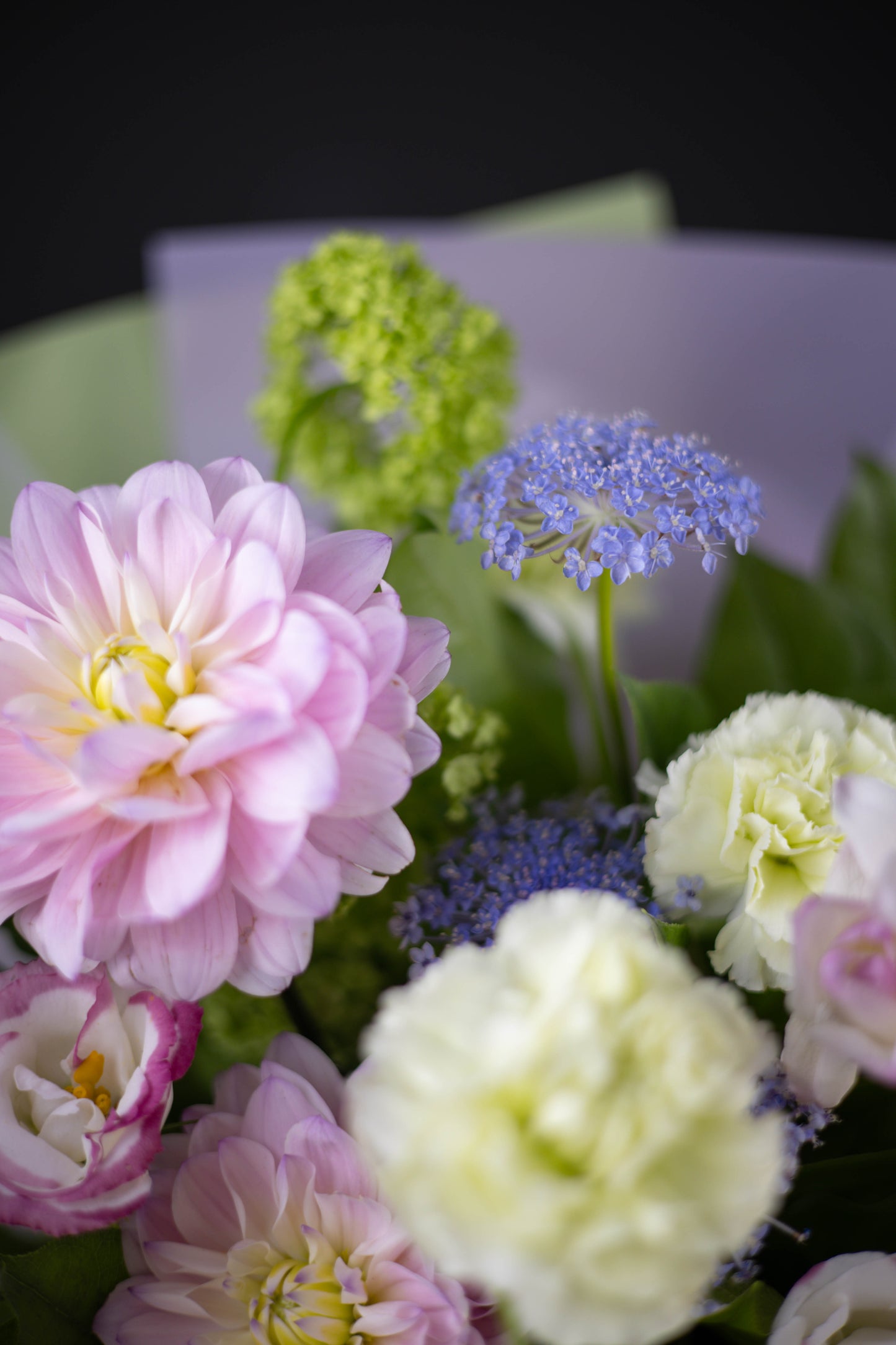 Soft-focus close-up of dahlias, lisianthus, and viburnum in pastel tones