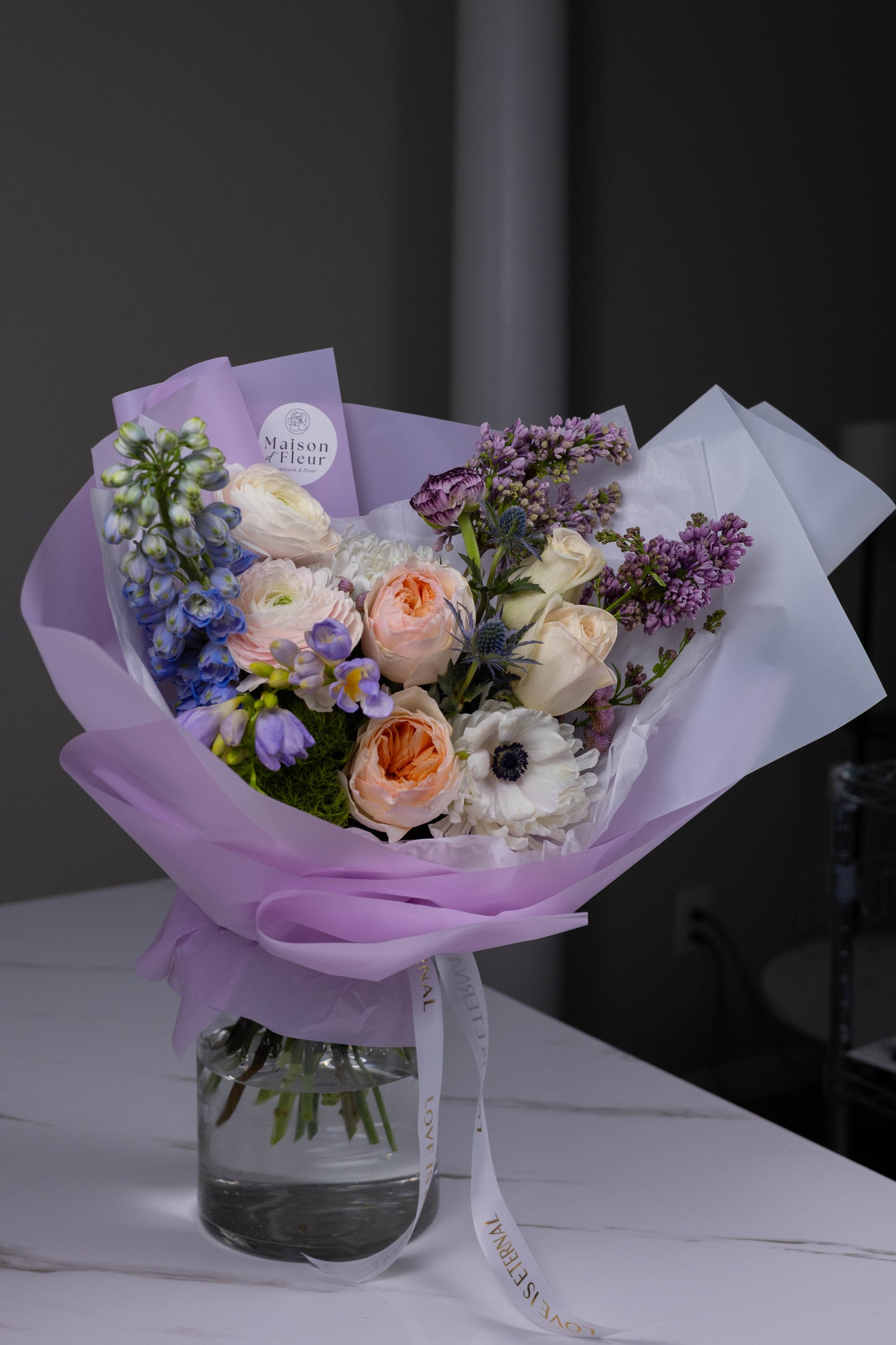 "Evening in Provence" Lavender Blue Peach Bouquet