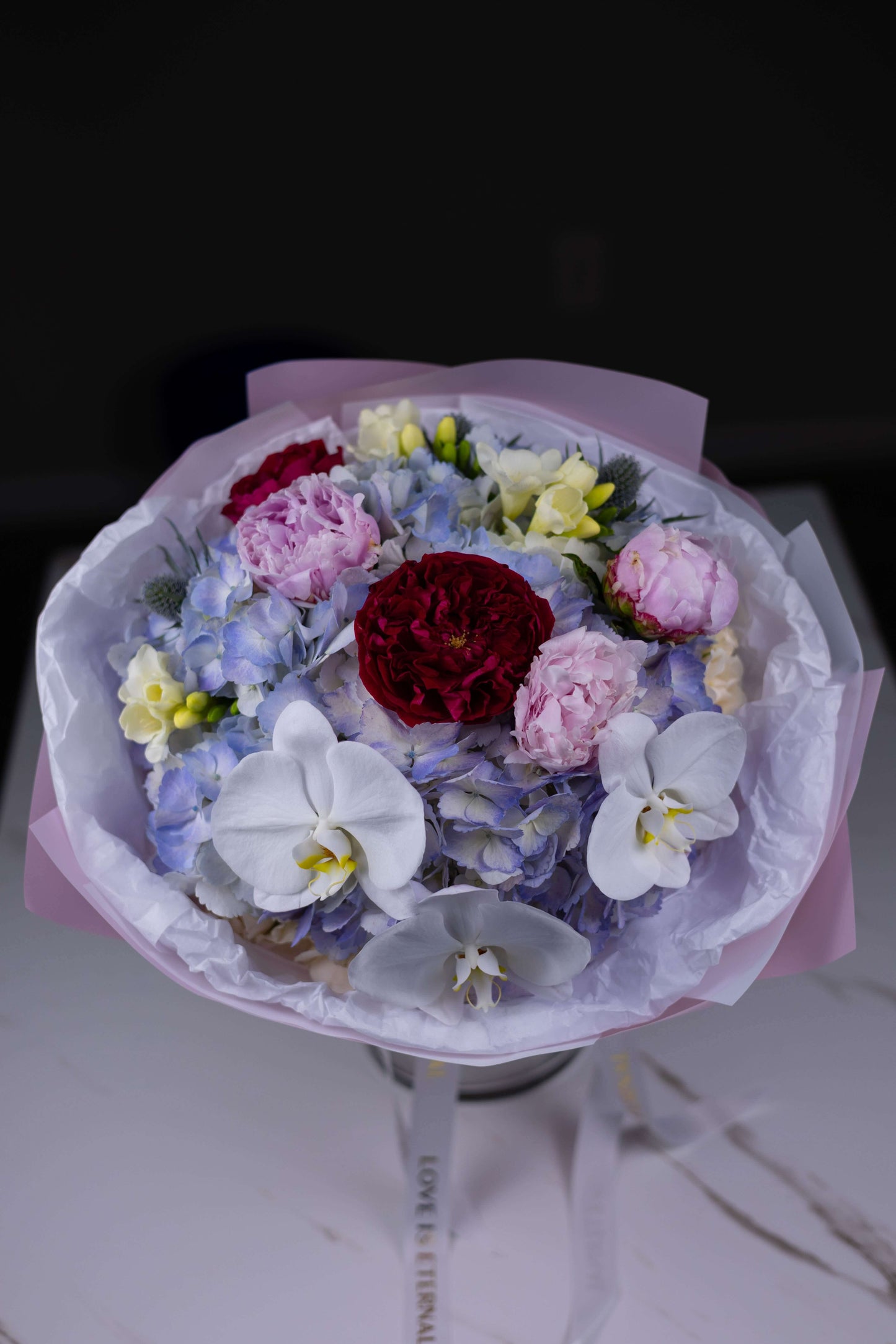 "Éclat de Minuit" Large Luxury Bouquet with Orchids,Peonies, Garden Roses and Hydrangeas
