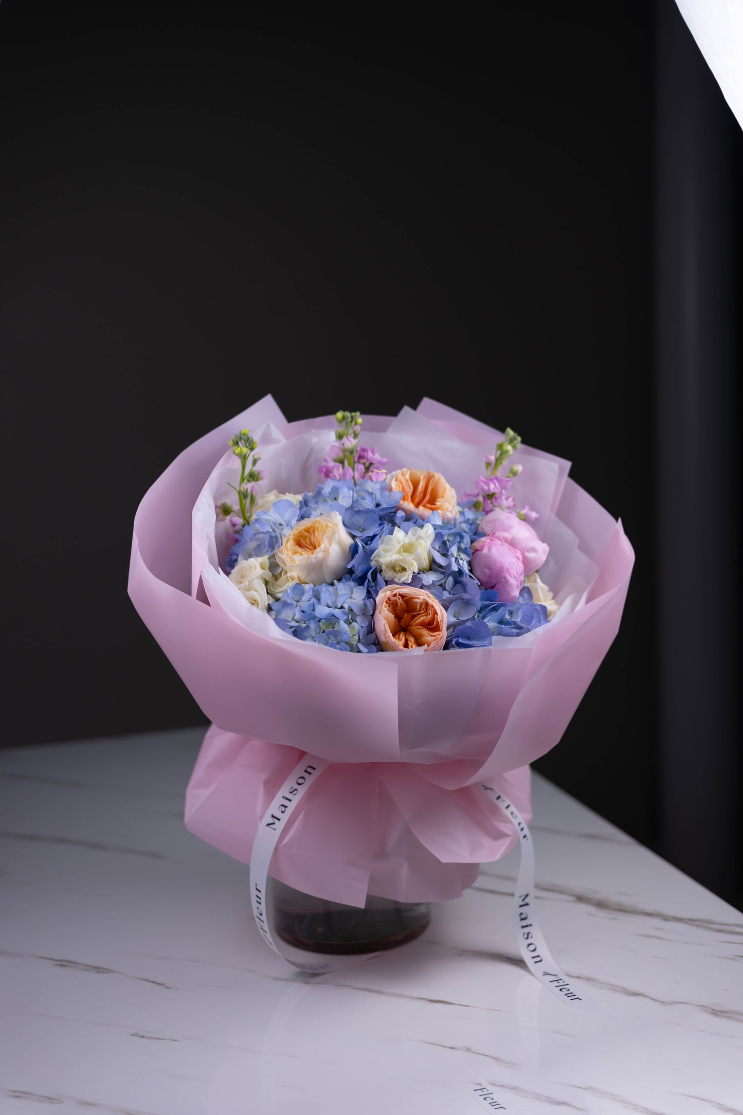"Ciel d’Aube" Luxury Bouquet of Hydrangea, Juliet Garden Rose, Peony, Freesia and Stock