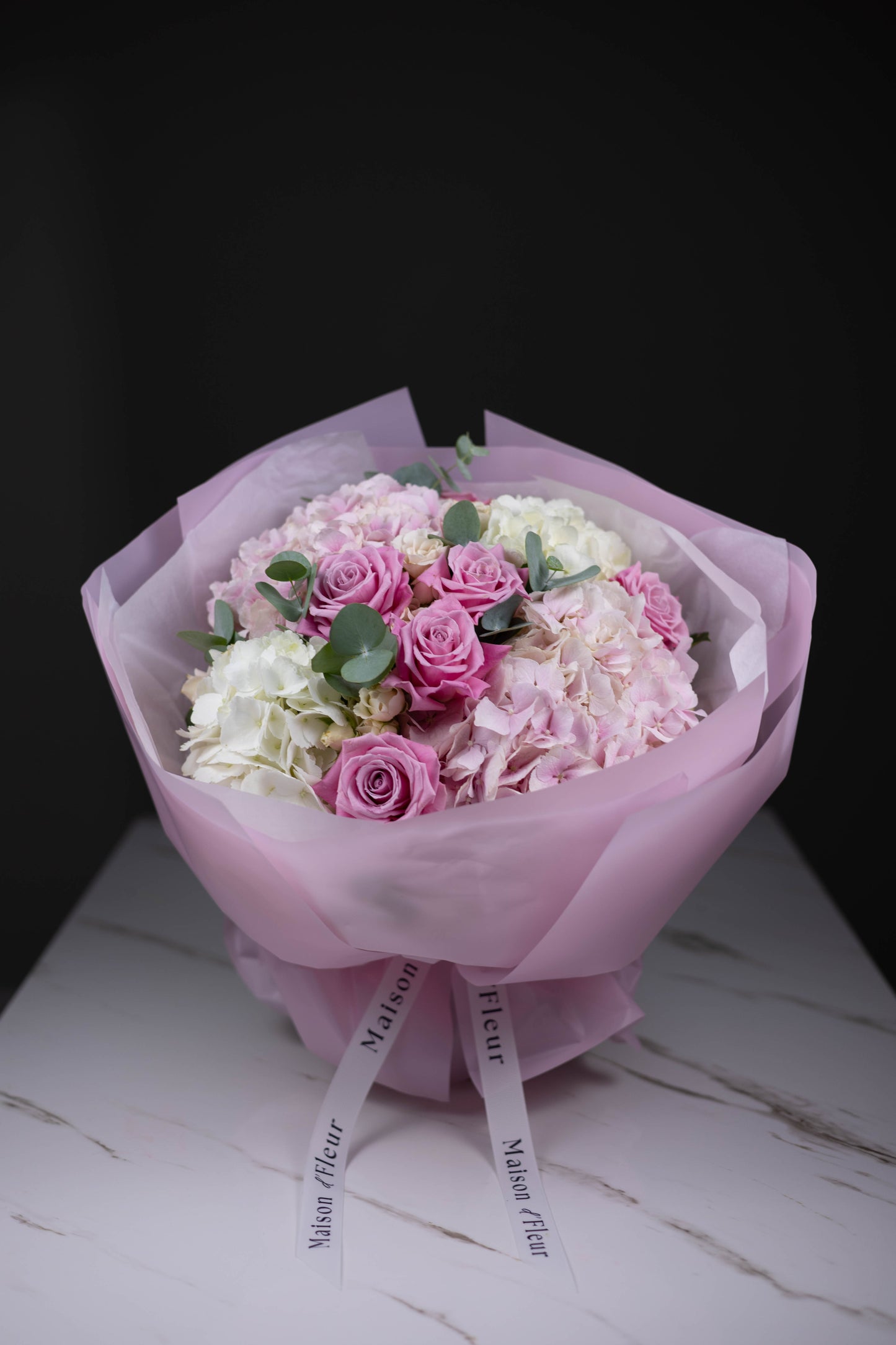 "Éclat Rosé" Blush Bouquet with Roses, Hydrangeas and Eucalyptus