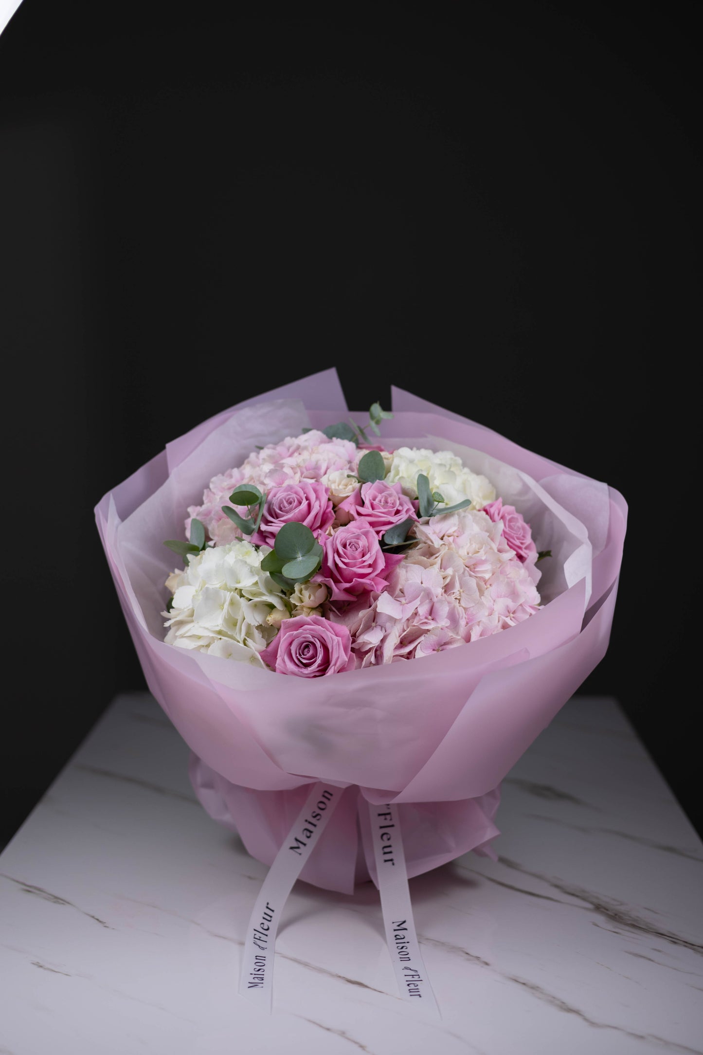 "Éclat Rosé" Blush Bouquet with Roses, Hydrangeas and Eucalyptus
