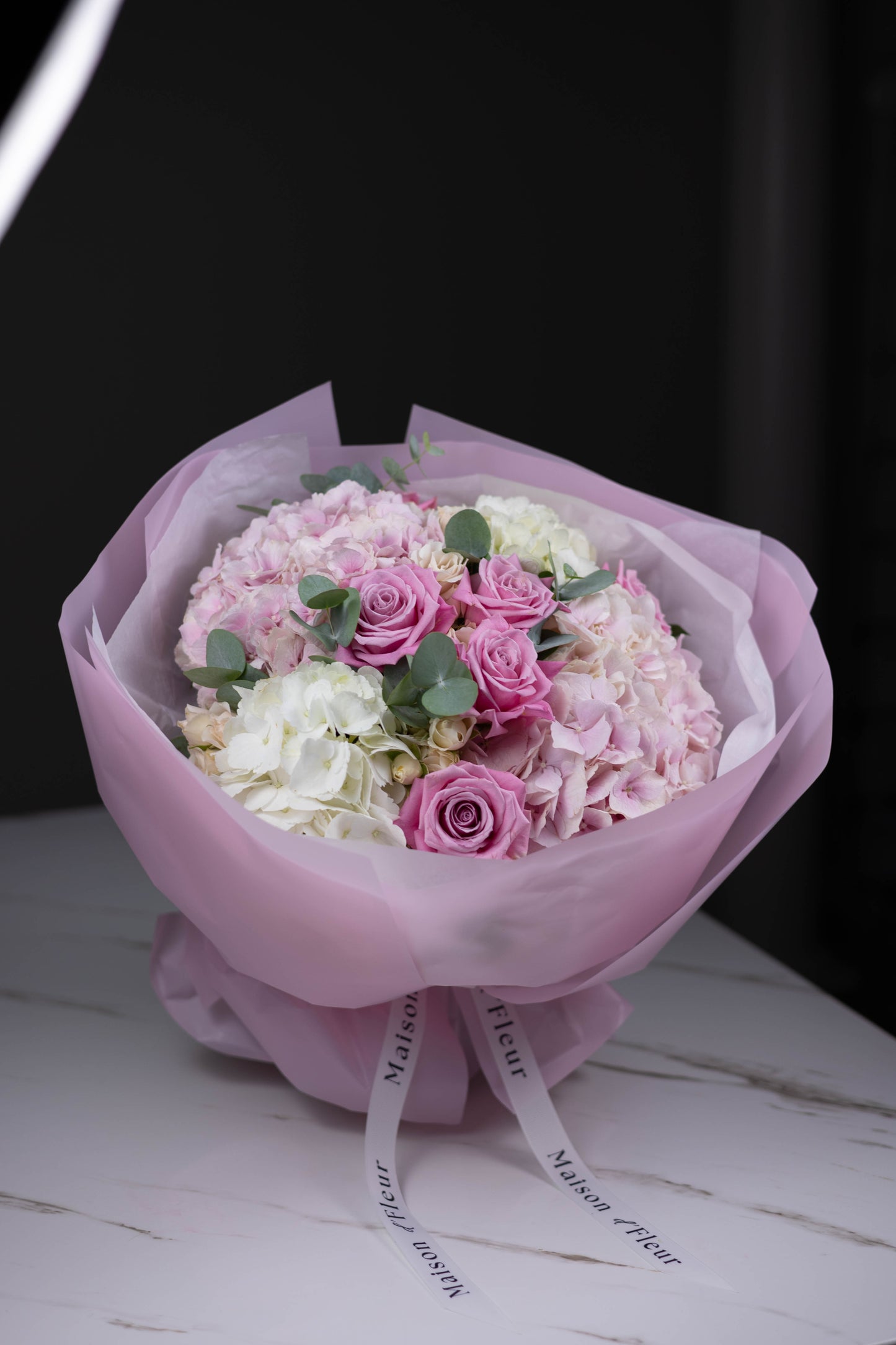 "Éclat Rosé" Blush Bouquet with Roses, Hydrangeas and Eucalyptus