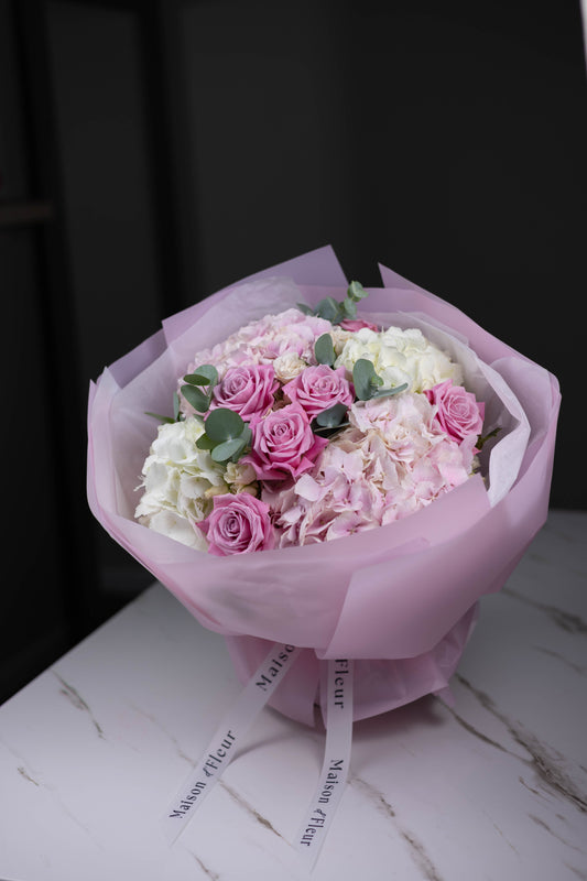"Éclat Rosé" Blush Bouquet with Roses, Hydrangeas and Eucalyptus