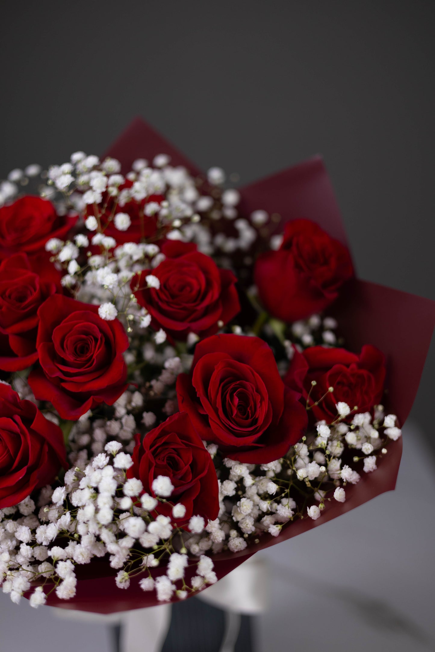 "Amour Profond" Red Roses and White Gypsophila Bouquet
