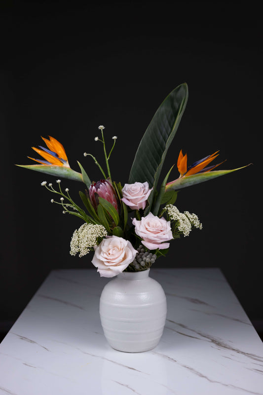Modern tropical flower arrangement with Birds of Paradise and protea in white vase