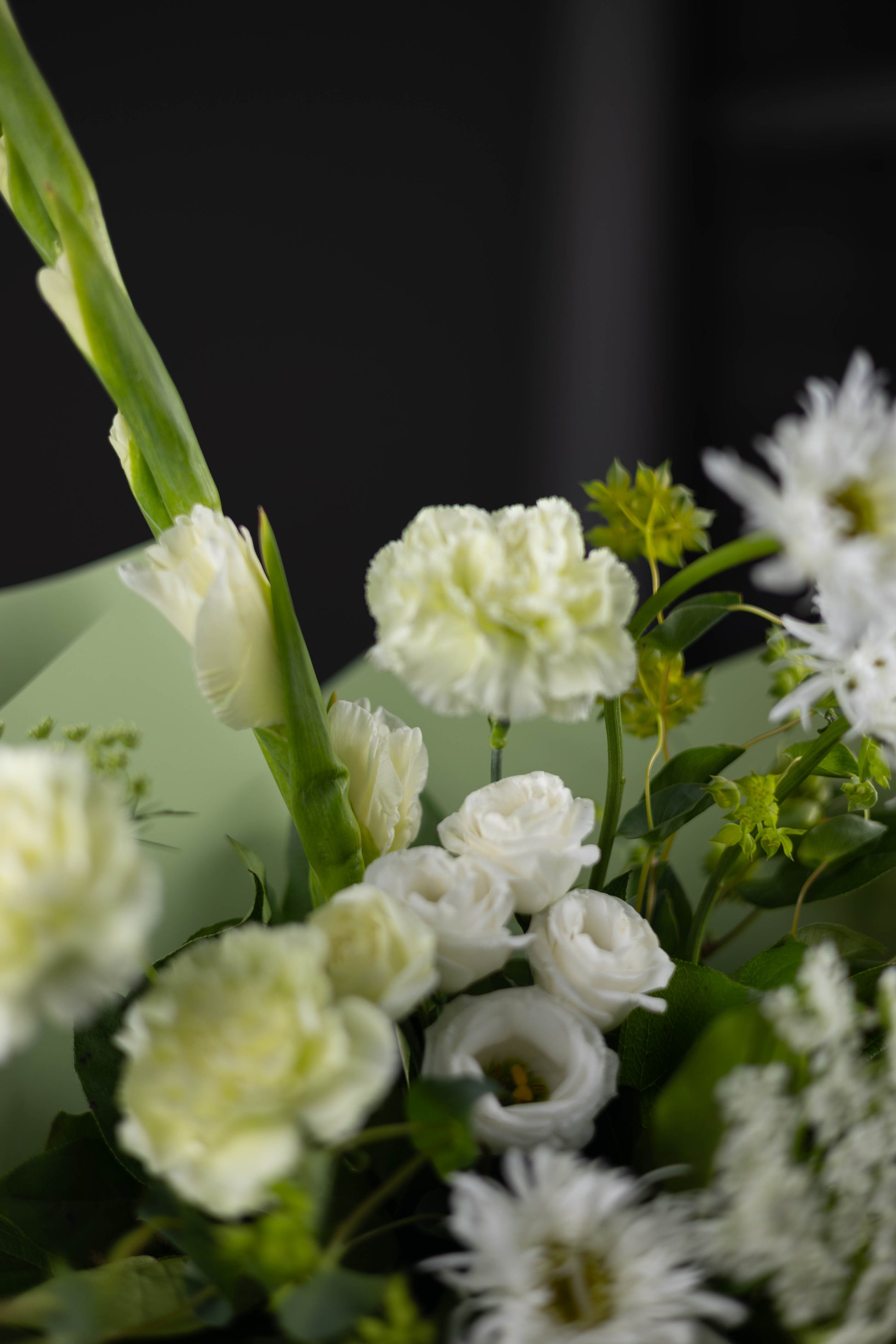 Close-up of a bouquet of white flowers with green leaves on a dark background