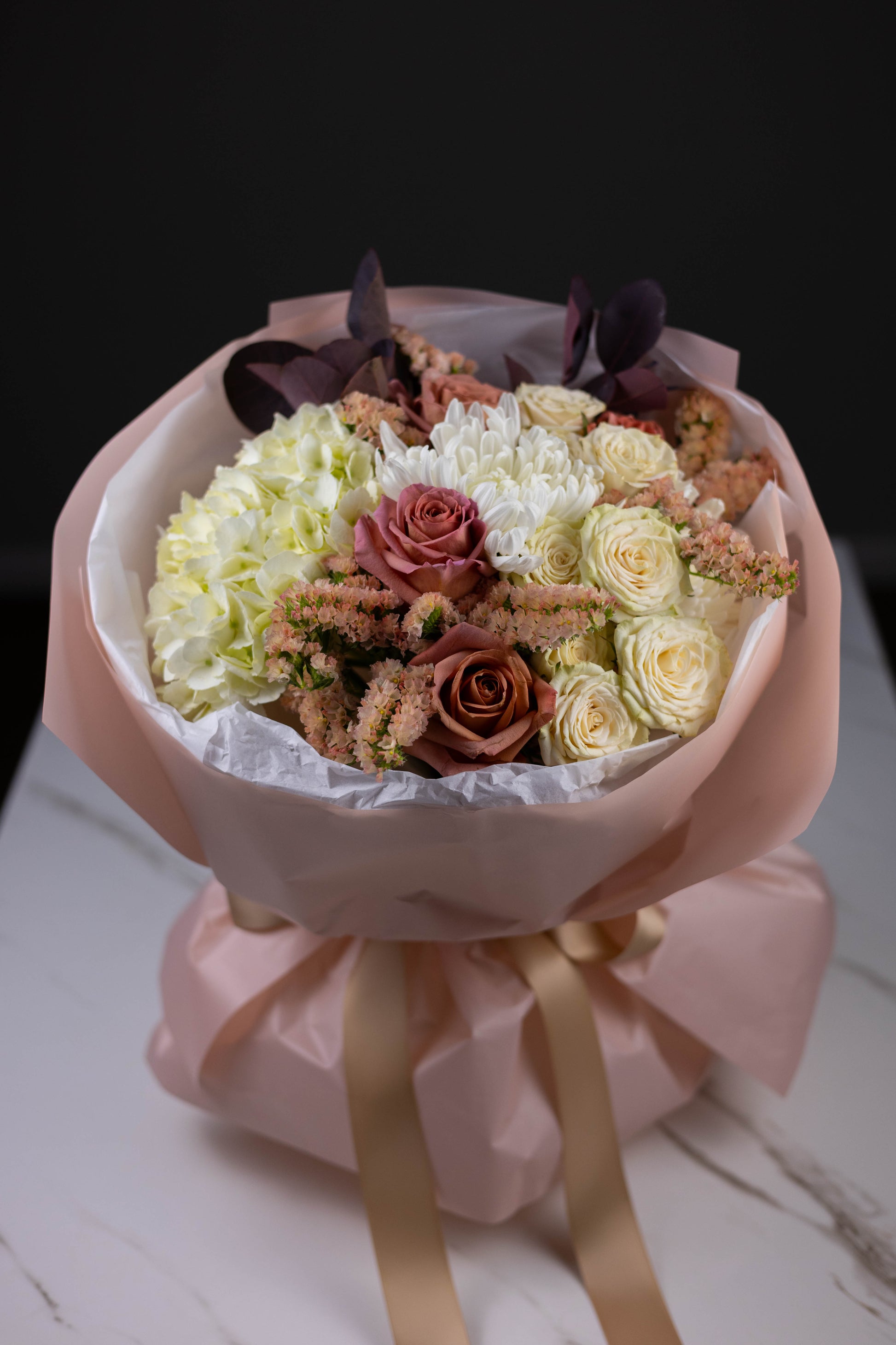 Luxury bouquet with roses, hydrangeas, and chrysanthemums designed in Charlotte NC – perfect flower gift for birthdays and anniversaries.