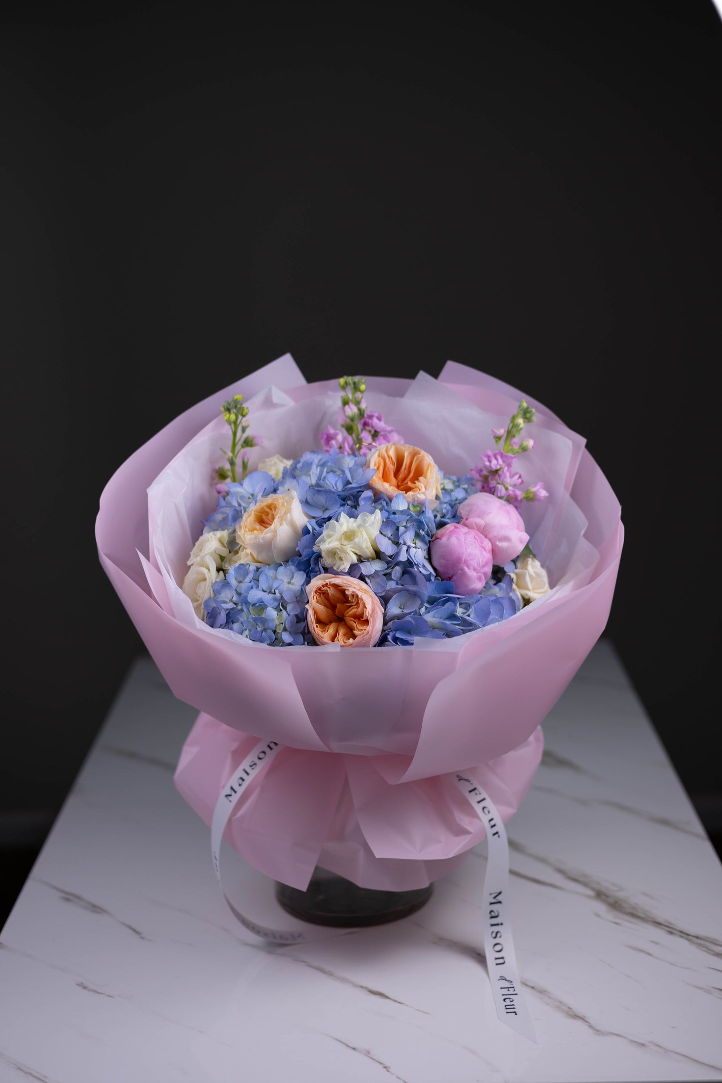 "Ciel d’Aube" Luxury Bouquet of Hydrangea, Juliet Garden Rose, Peony, Freesia and Stock