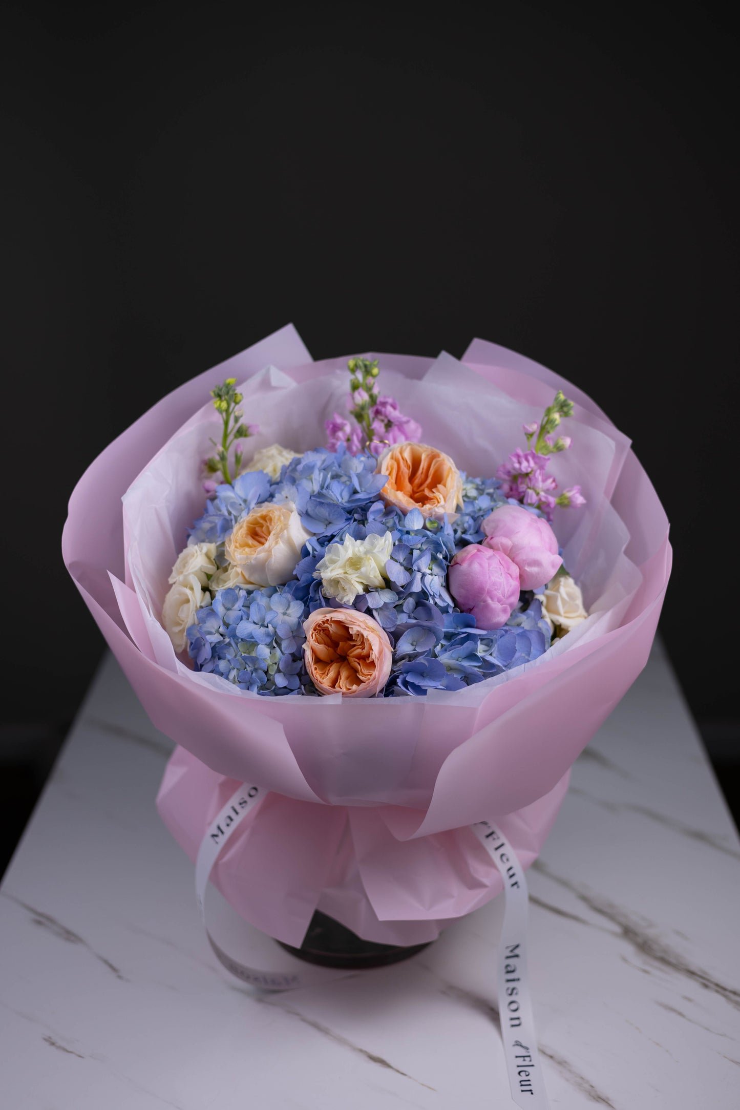 "Ciel d’Aube" Luxury Bouquet of Hydrangea, Juliet Garden Rose, Peony, Freesia and Stock