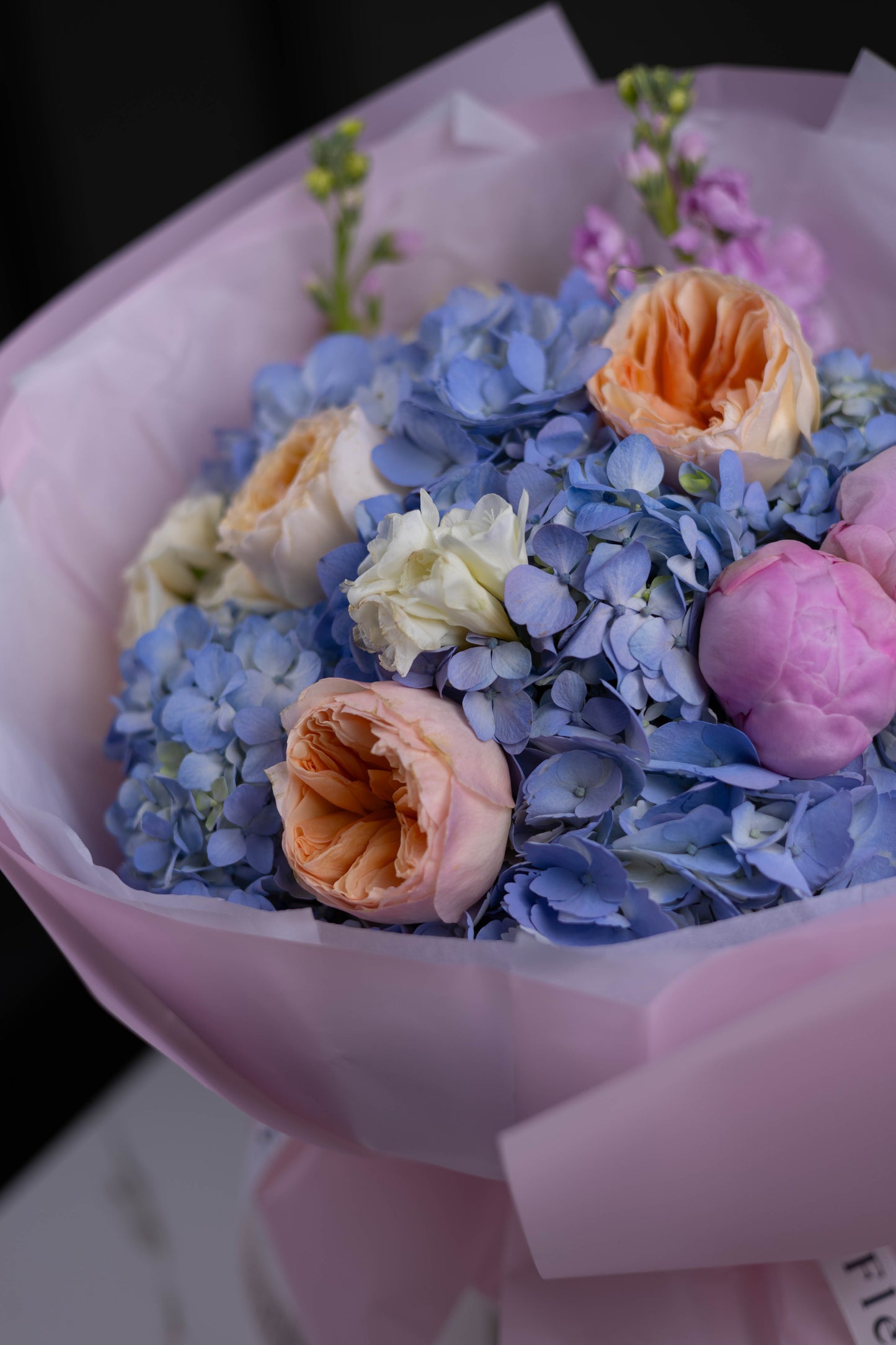 "Ciel d’Aube" Luxury Bouquet of Hydrangea, Juliet Garden Rose, Peony, Freesia and Stock