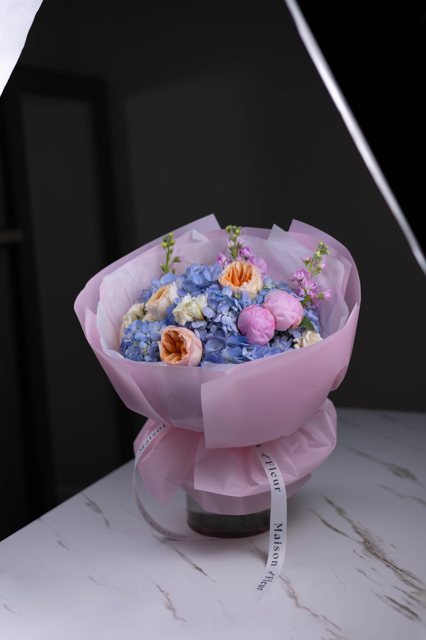 "Ciel d’Aube" Luxury Bouquet of Hydrangea, Juliet Garden Rose, Peony, Freesia and Stock