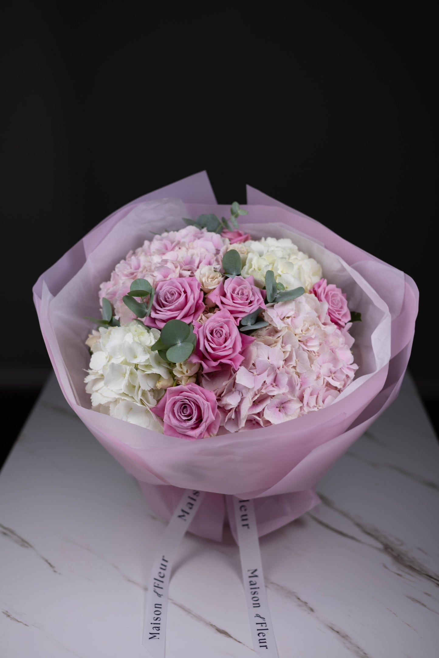 "Éclat Rosé" Blush Bouquet with Roses, Hydrangeas and Eucalyptus