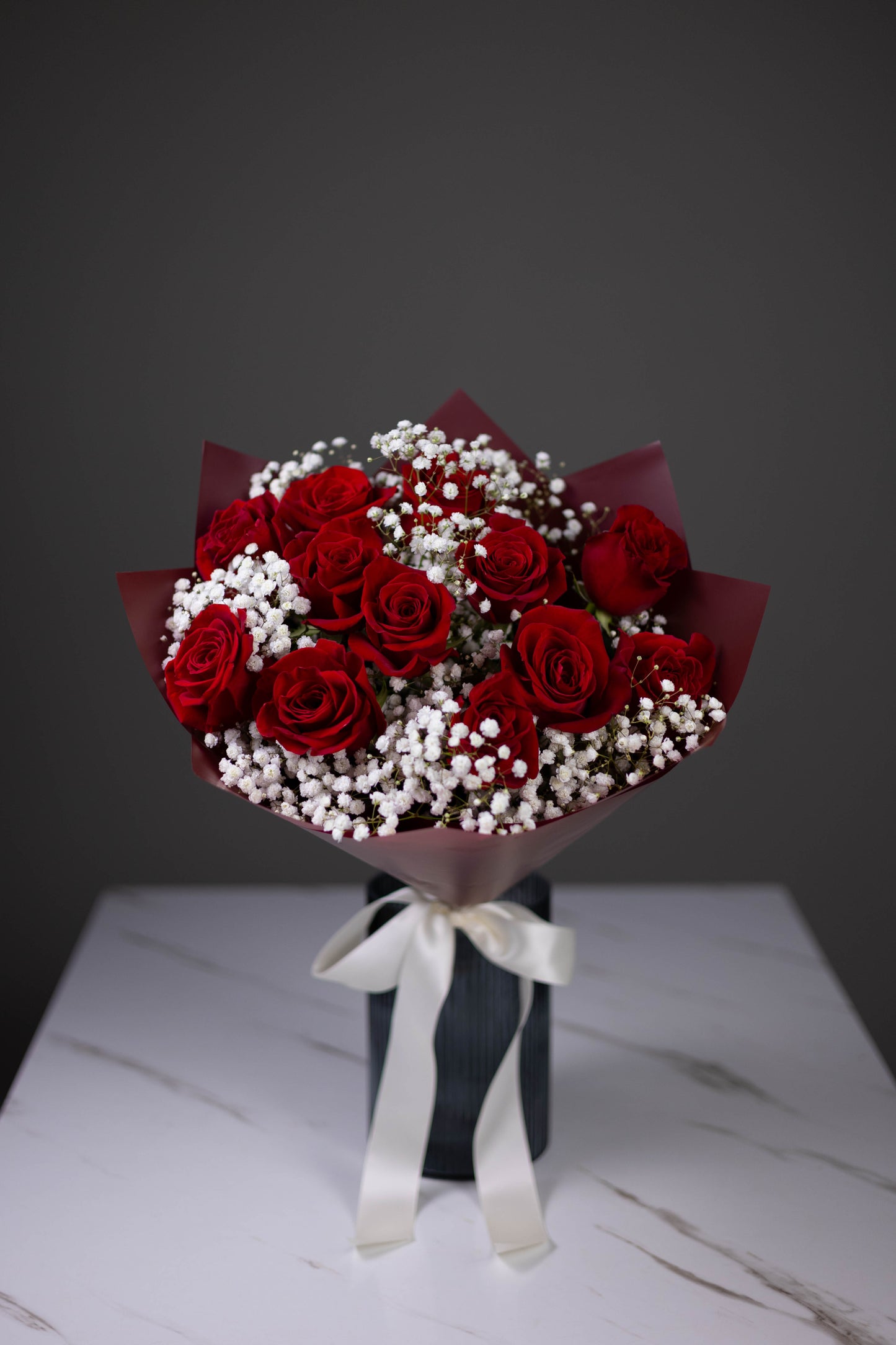 "Amour Profond" Red Roses and White Gypsophila Bouquet