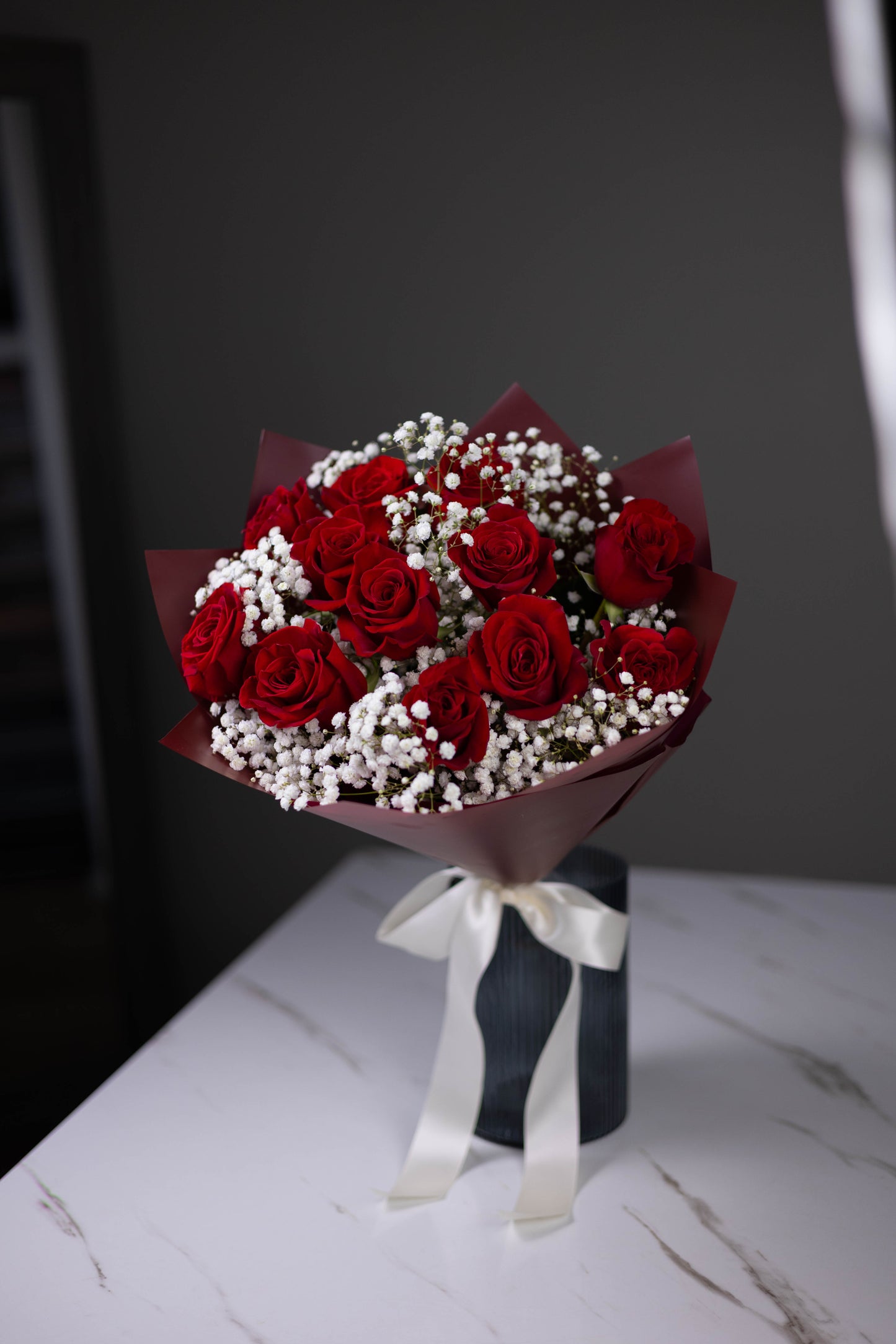 "Amour Profond" Red Roses and White Gypsophila Bouquet