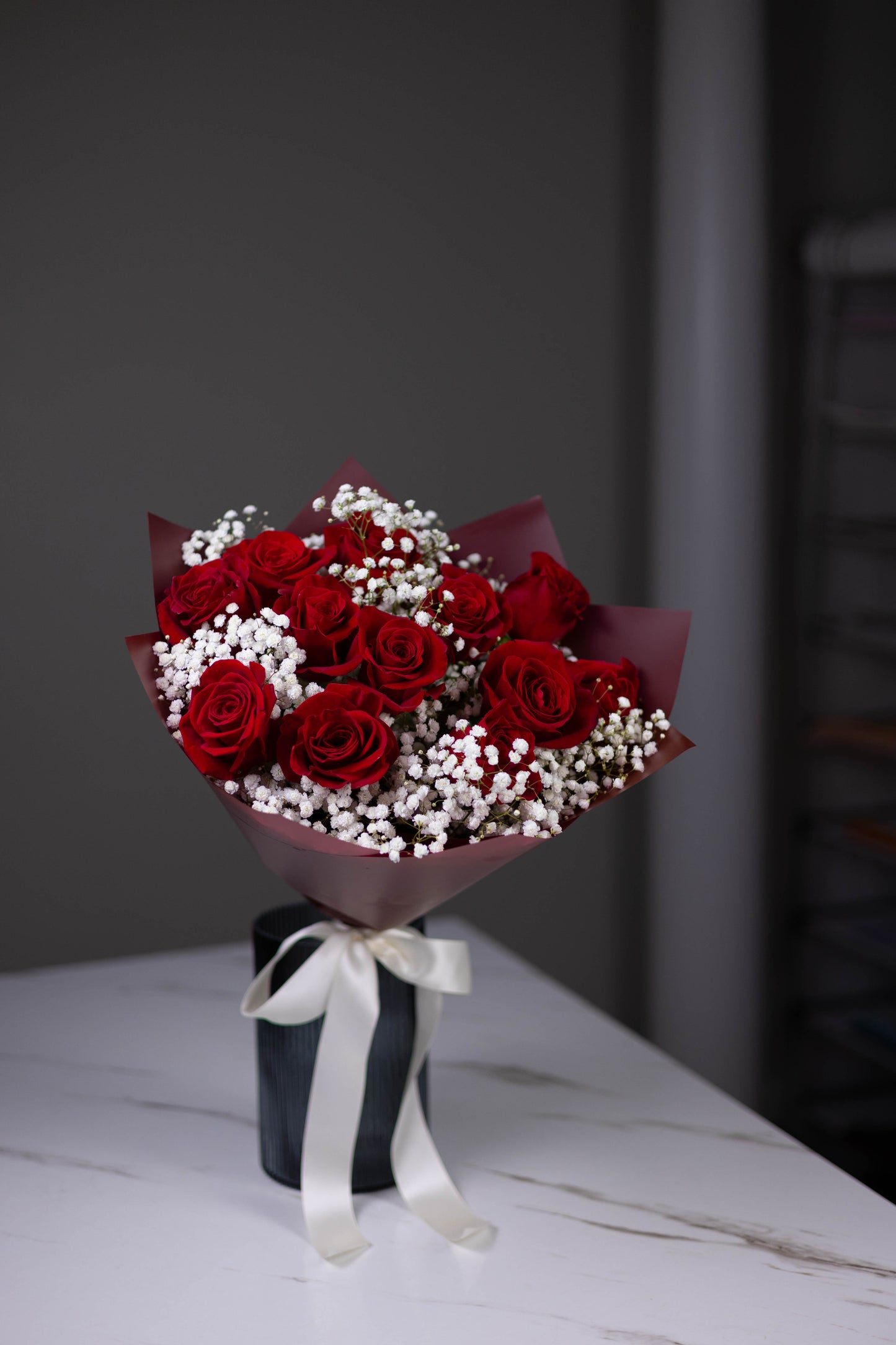 "Amour Profond" Red Roses and White Gypsophila Bouquet