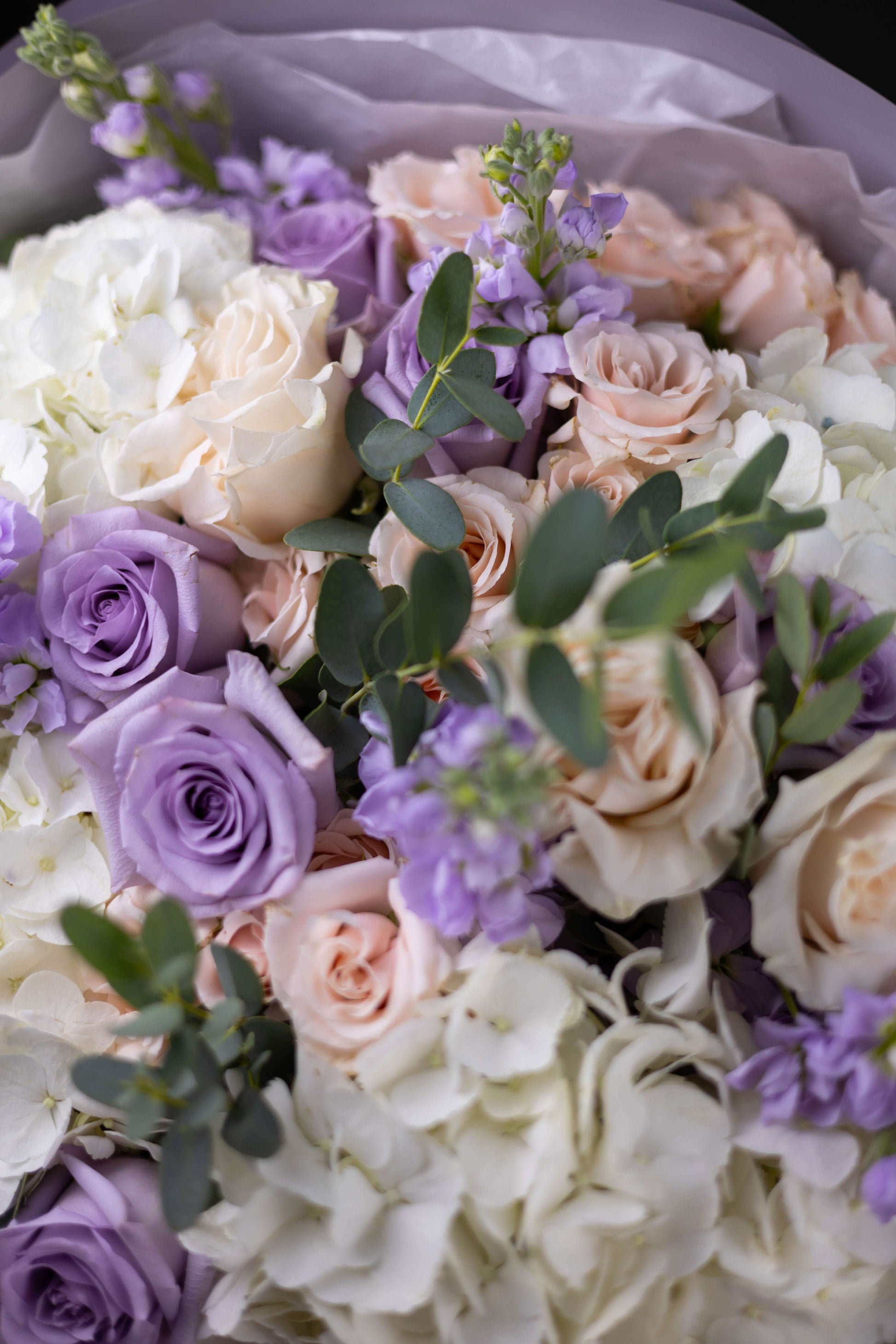 Bouquet of flowers with purple, white, and pink roses.