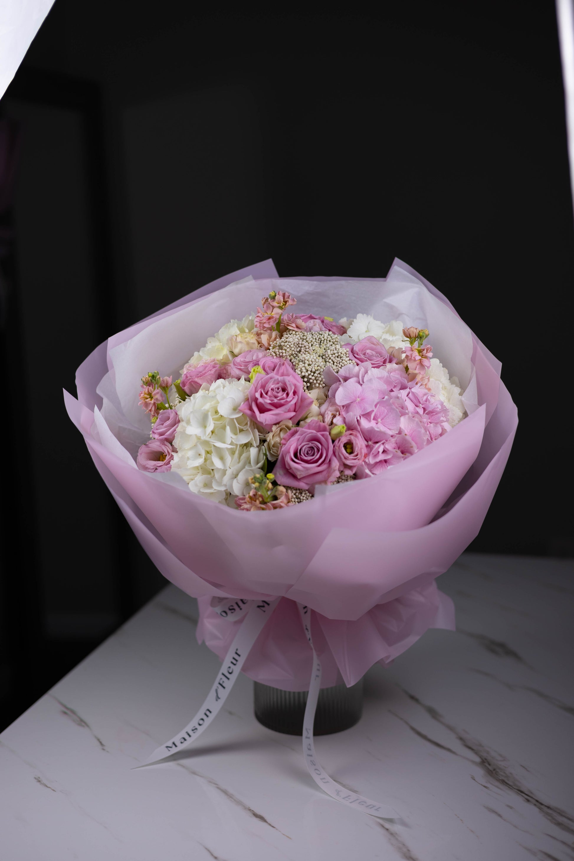 Luxury baby shower bouquet with hydrangeas and lisianthus